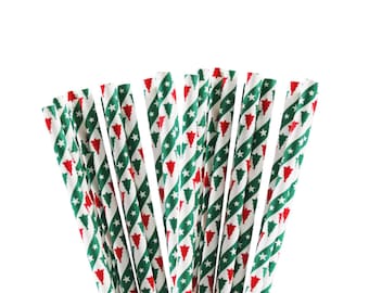 May include: A bundle of red and green striped paper straws with a Christmas tree pattern.