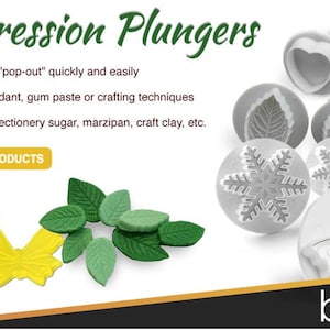 Pode incluir: Um conjunto de  embutidores de impress&atilde;o de pl&aacute;stico cinza para fazer decora&ccedil;&otilde;es de fondant. Os embudores apresentam desenhos de borboleta, floco de neve, folha e cora&ccedil;&atilde;o. O texto "Impression Plungers" est&aacute; na parte superior da imagem. O texto "See All Products" est&aacute; em um bot&atilde;o na parte inferior da imagem. O texto "bakell live well. bake well." est&aacute; na parte inferior da imagem.