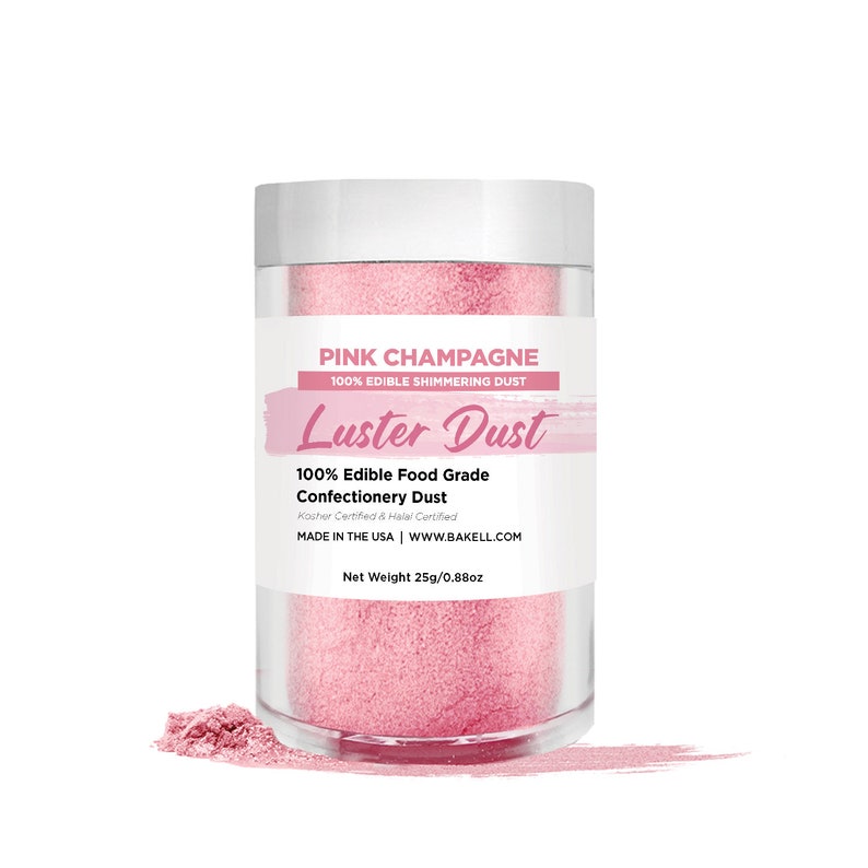 May include: A pink jar of edible luster dust labeled "Pink Champagne 100% Edible Shimmering Dust Luster Dust 100% Edible Food Grade Confectionery Dust Kosher Certified & Halal Certified MADE IN THE USA | WWW.BAKELL.COM Net Weight 25g/0.88oz"