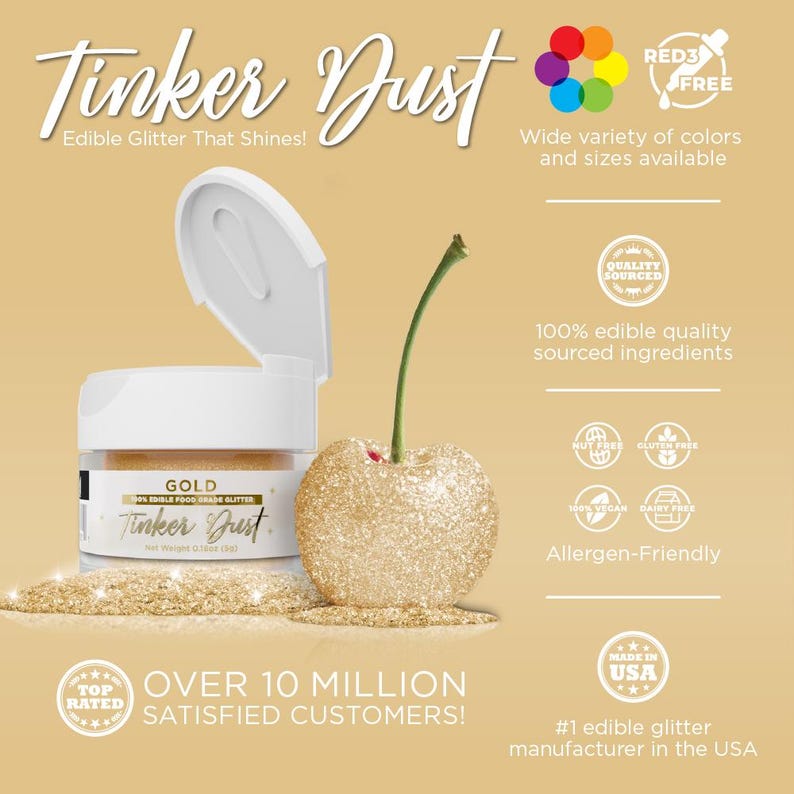 Może przedstawiać: Słoik złotego jadalnego brokatu, oznaczony jako "Tinker Dust", obok wiśni pokrytej brokatem. Obraz zawiera tekst "Edible Glitter That Shines!" i "Wide variety of colors and sizes available."