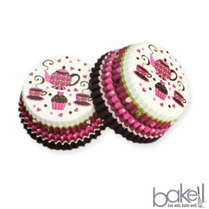 Tea Party Print Cupcake Liners (25pcs, Standard Size) Grease Resistant Cake Liners for Baking, Caking and Crafting by Bakell