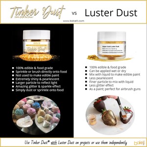 Puede incluir: Dos frascos de polvo de oro comestible, uno etiquetado como "Tinker Dust" y el otro como "Super Gold Luster Dust". Ambos frascos est&aacute;n sobre un fondo blanco con texto que describe las caracter&iacute;sticas de cada producto. La imagen tambi&eacute;n muestra ejemplos de c&oacute;mo usar cada producto en cupcakes y fresas.