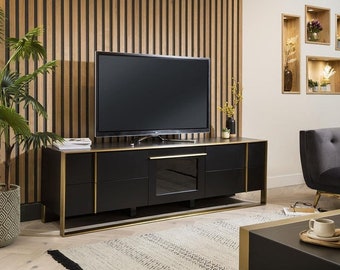 TV Stand 200cm Matte Black with Brass Frame & Black Ceramic Top