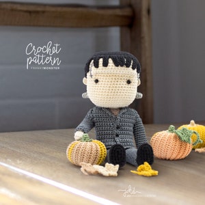 Frankenstein, pumpkins and fallen leaves Amigurumi crochet pattern image 1