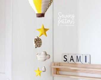 M1 _ Medium Hot Air Balloon with a rain of Stars, Clouds and Drops • PDF Sewing Pattern •  DIY Baby Hanging Mobile