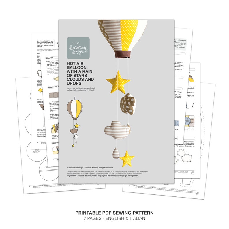 M1 _ Medium Hot Air Balloon with a rain of Stars, Clouds and Drops PDF Sewing Pattern DIY Baby Hanging Mobile image 10