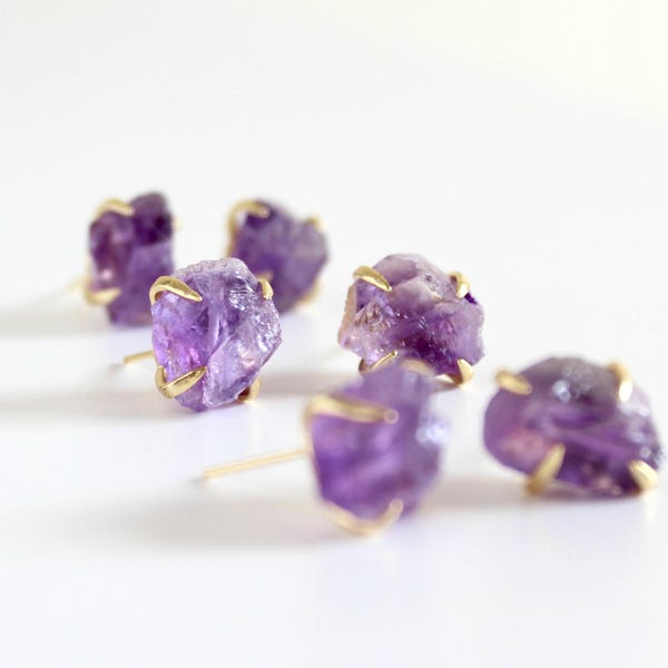 Amethyst earrings - raw amethyst earrings - raw stone studs - amethyst earrings gold - geode earrings - raw crystal earrings - purple stone