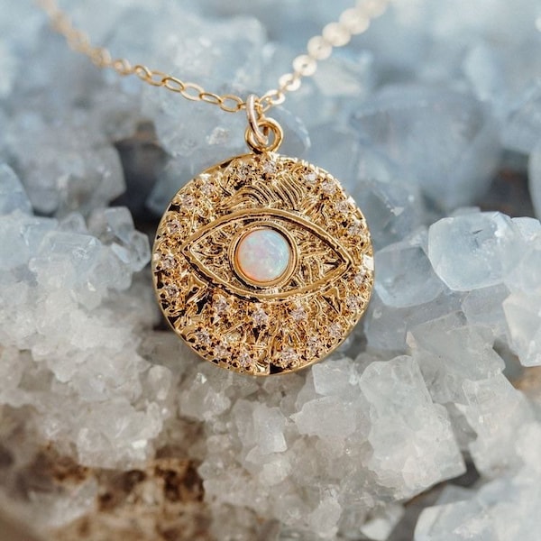 Opal Evil Eye Halskette - Evil Eye Schmuck - Evil Eye Halskette - Glücksbringer Halskette - Vintage Münze Halskette