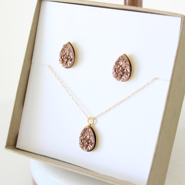 Necklace and earrings set - bridesmaid jewelry set - bridal jewelry set - rose gold necklace and earrings set - teardrop jewelry - A26