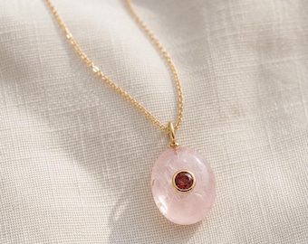 Rose quartz and garnet gemstone necklace - Rose quartz necklace - rose quartz crystal necklace - 14k gold fill chain - crystal necklace