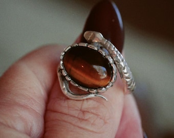 Sterling Silver Snake Ring - Crystal Snake Ring - Snake Jewelry - 925 Sterling Silver Snake Ring - Handmade Silver Snake Ring - Tigers Eye