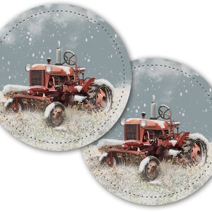 Personalized, Faux (PU) Leather Car Coasters, Set Of Two, Rigid, Smooth Surface With Brilliant Colors -Vintage Tractor