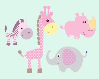 Wall Art - Removable Vinyl or Removable Fabric Stickers/Decals - Four Piece Set Of Adorable Pink Animals