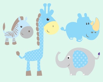 Wall Art - Removable Vinyl or Removable Fabric Stickers/Decals - Four Piece Set Of Adorable Blue Animals