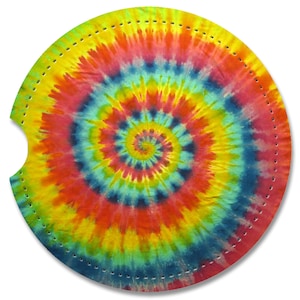 Absorbent Faux (PU) Leather Car Coasters, Set Of Two, Rigid, Smooth Surface With Brilliant Colors -Tie Dye