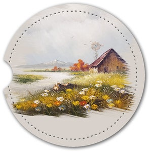 Personalized, Faux (PU) Leather Car Coasters, Set Of Two, Rigid, Smooth Surface With Brilliant Colors -Barns With Windmills