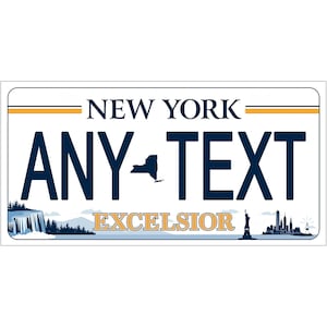 May include: A white New York license plate with the words "NEW YORK" at the top and "ANY TEXT" in large blue letters. The word "EXCELSIOR" is at the bottom, with illustrations of a waterfall, mountains, the Statue of Liberty, and a skyline.