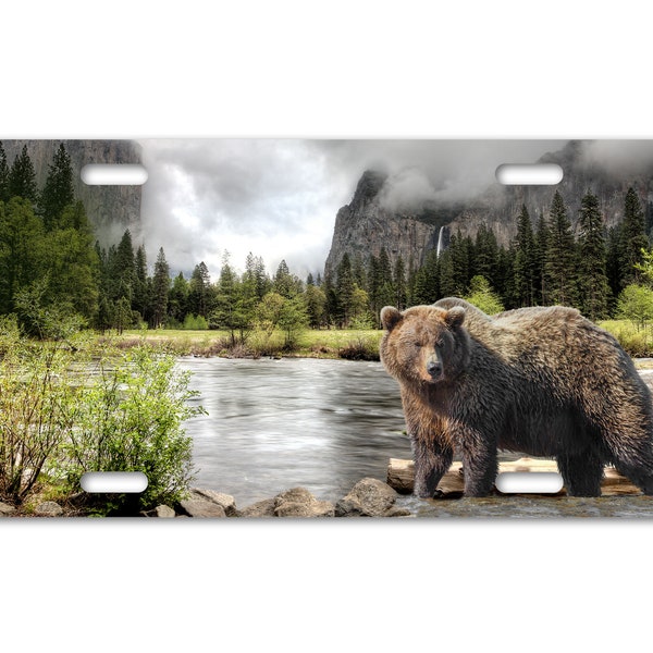 Personalized Standard Size License Plate - Bear At A Yosemite River - Add Your Text - Free Standard Shipping