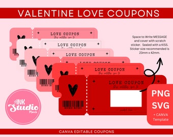 Valentine Love Coupons | Scratch Coupons | Canva Editable | PNG and SVG | Printable