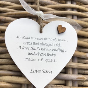 PERSONALISED Special NANNY Nana Gran Nanna Hanging heart plaque. Birthday Christmas Gift. ANY Names or Wording You Would Like. Shabby Chic.