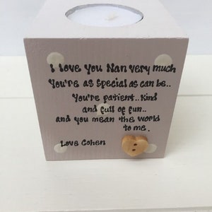 Shabby Personalised Chic Nanny Nana Nanna Nan Granny Grandma Gran wooden Candle Gift.. any name you would like..