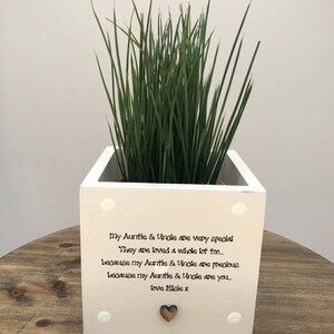 Puede incluir: Una jardinera de madera blanca con una planta verde. La caja tiene un detalle en forma de corazón y el texto: "My Auntie & Uncle are very special...love Elsie x". La jardinera está sobre una superficie de madera.