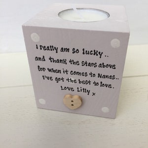 Shabby Personalised Chic Nanny Nana Nanna Nan Granny Grandma Gran wooden Candle Gift.. any name you would like..