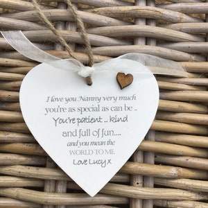 PERSONALISED Special NANNY Nana Gran Nanna Hanging heart plaque. Birthday Christmas Gift. ANY Names or Wording You Would Like. Shabby Chic.