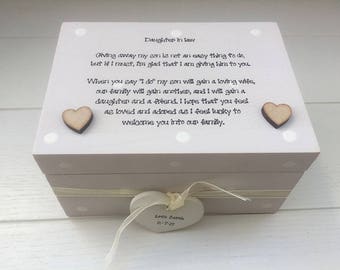 Shabby Personalised chic Box DAUGHTER IN LAW on wedding day, from Mother of the Groom,  gift Trinket Jewellery any name..