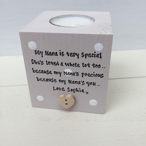Shabby Personalised Chic Nanny Nana Nanna Nan Granny Grandma Gran wooden Candle Gift.. any name you would like..
