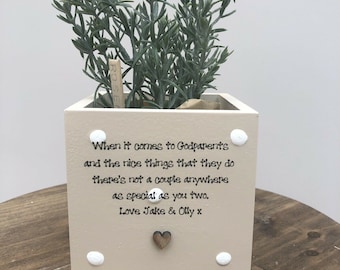GODPARENTS Personalised Flower / Plant Pot Godmother Godfather gift Shabby Chic style. Christening Baptism Christmas Birthday any names