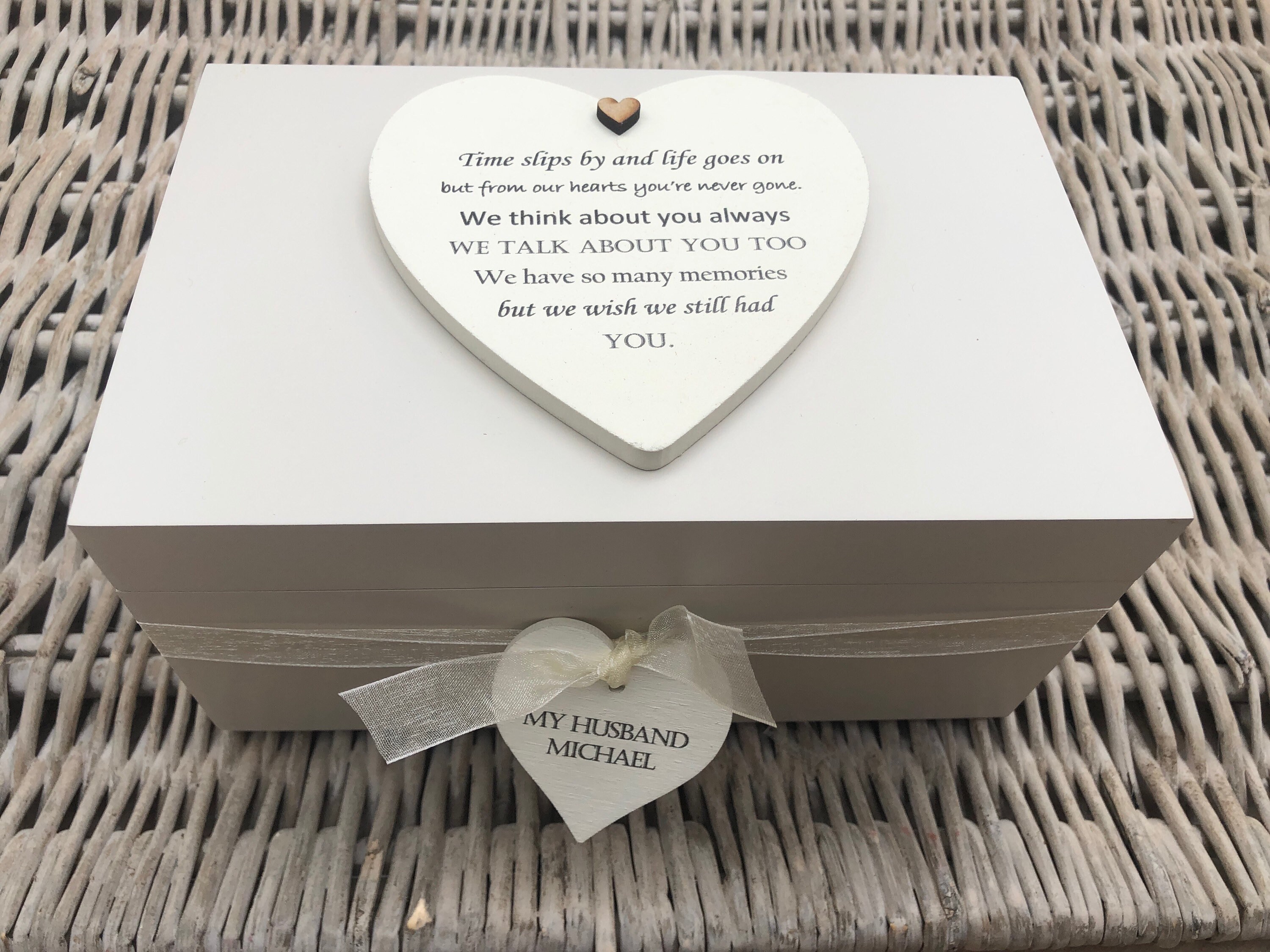Shabby Personalised chic  Memory Box In memory of HUSBAND Loved One Wife Friend or any name Loss Bereavement