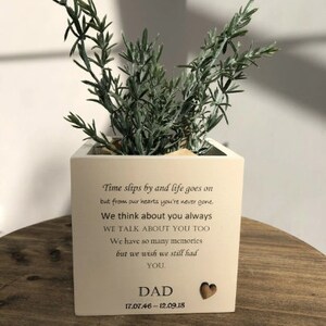 May include: A square, off-white planter with a green plant. The planter has the text "Time slips by and life goes on...DAD 17.07.46-12.09.18" and a small wooden heart. The plant has long, thin, green leaves and sits on small, light-colored stones.