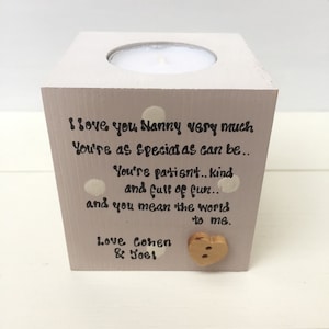 Shabby Personalised Chic Nanny Nana Nanna Nan Granny Grandma Gran wooden Candle Gift.. any name you would like..