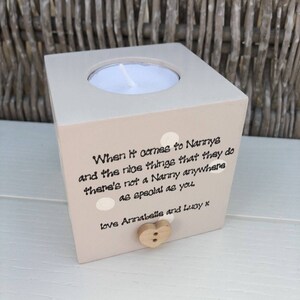 Shabby Personalised Chic Nanny Nana Nanna Nan Granny Grandma Gran wooden Candle Gift.. any name you would like..
