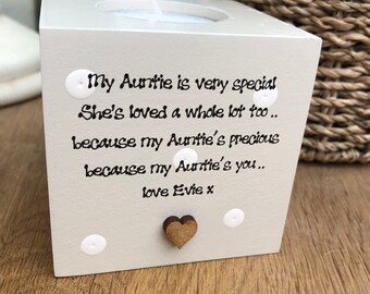 Shabby Personalised Chic Aunty Auntie Aunt Great Aunty  wooden Candle Gift.. any name you would like..