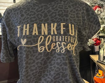 Thankful Blessed Leopard Tshirt - Actual Gold Glitter