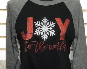 Joy To The World Christmas Shirt, Christmas Raglan, Christmas Baseball Shirt, Glitter