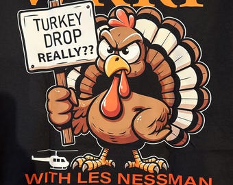 WKRP Thanksgiving Turkey Drop Tshirt (2 sided) - Gildan Brand Unisex - Black Tshirt. - Retro Throwback TV Funny Tee