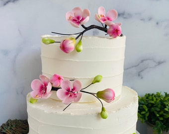 CHERRY BLOSSOMS BRANCH Spray Gum Paste Pink Flowers - Cupcake Toppers for Birthdays, Weddings, Mother&#39;s Day, Japanese-Themed or Spring Party