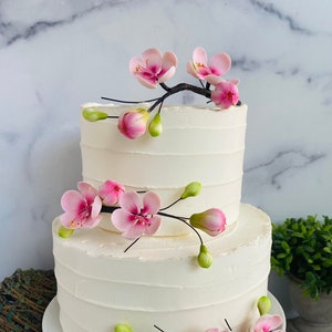 RAMO DI FIORI DI CILIEGIO Spray di pasta di gomma Fiori rosa - Decorazioni per cupcake per compleanni, matrimoni, festa della mamma, feste a tema giapponese o primaverili
