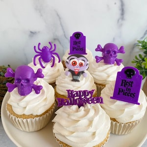 PURPLE HAPPY HALLOWEEN Assortment Dracula, Skull, Tomb, Spider Cupcake Topper Rings & Picks 18 Pieces image 1