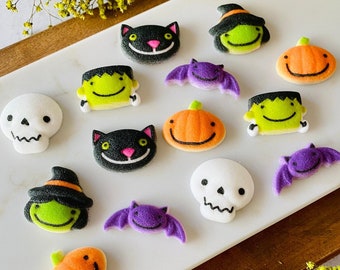 HALLOWEEN FRIGHTFUL FRIENDS Edible Sugar Cupcake or Cake Decorations - Skull, Black Cat, Frankenstein, Witch, Pumpkin & Bat for Halloween