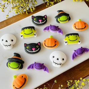 HALLOWEEN FRIGHTFUL FRIENDS Edible Sugar Cupcake or Cake Decorations - Skull, Black Cat, Frankenstein, Witch, Pumpkin & Bat for Halloween