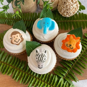 12 JUNGLE ANIMAL EDIBLE Sugar Cupcake or Cake Toppers by Lucks - Lion, Elephant, Monkey, Zebra for Zoo or Animal Themed Birthday Party