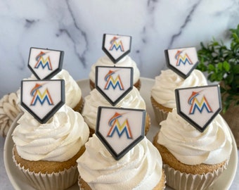 MIAMI MARLINS MLB Home Plate Baseball Sports Cupcake Topper Rings - 24 Pieces