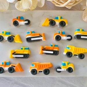 CONSTRUCTION ASSORTMENT Edible Sugar Decorations - Steam Roller, Dump Truck, Front Loader, Bulldozer - 12 Pieces