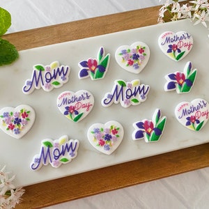 MOM MOTHER'S DAY Edible Sugar Decorations - 12 Pieces Cupcake or Cake Toppers - Happy Mother's Day Floral Decorations