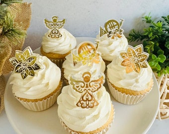 ANGELIC ASSORTMENT - Angel, Poinsettia  & Trumpet Cupcake Topper Rings -  12 or 24 Pieces