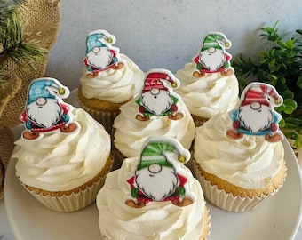 CHRISTMAS HOLIDAY GNOMES Cupcake Topper Rings -  12 Pieces